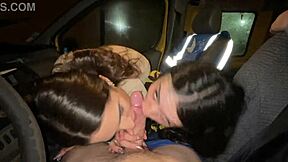 so this cute french brunette teen and her friend give a double deepthroat blowjob in a driving van outdoors