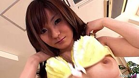 hey petite japanese teen in bikini seduces two old guys for wet mmf 3some