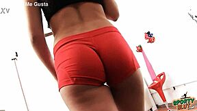 round ass teen works out in tight lycra shorts showing cameltoe