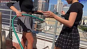 Erotique fetish patio threesome heats up barefoot. Two amateurs footjob Eric John's huge cock wet