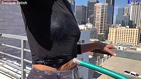 Erotique fetish patio threesome heats up barefoot. Two amateurs footjob Eric John's huge cock wet