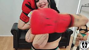 Chubby brunette bimbo's big tits sway in boxing. Personal trainer fetish workout