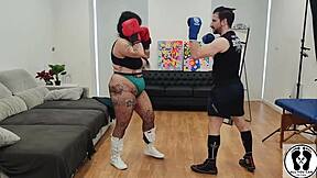 Chubby brunette bimbo's big tits sway in boxing. Personal trainer fetish workout