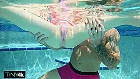 Poolside slut rides cock after sunbathing