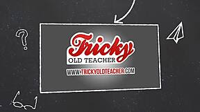 Tricky teacher cums on cute student's face after tongue lesson!