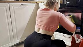 Curvy blonde cleaning lady in tight leggings rides cock for juicy creampie