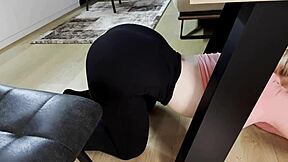 Curvy blonde cleaning lady in tight leggings rides cock for juicy creampie