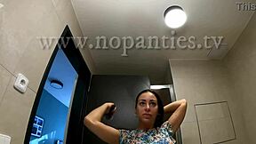 whoa tattooed alia drops panties flashing tight shaved pussy and bare ass in bathroom!