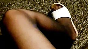 Chinese Ladyboy Strokes Legs in Stockings, Outdoor Cumshot Tease?