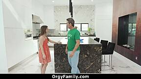 stepdaughter sneaks blowjob on daddy's cock behind kitchen counter during stepmom's orgyfamily chaos