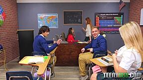 Classroom contest turns hardcore with petite teen blowjobs and ass games