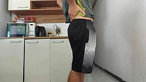 risky kitchen fuck with hubby's friend while he showers