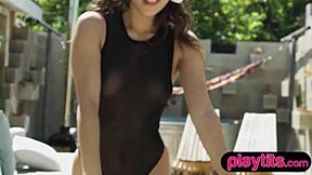 damn that curvy petite milf stripping nude in the backyard showing off her big ass