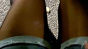 Chinese Ladyboy Strokes Legs in Stockings, Outdoor Cumshot Tease?