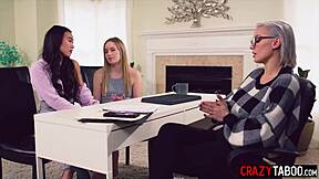 Big tits counselor Kenzie Taylor fucks lesbian couple