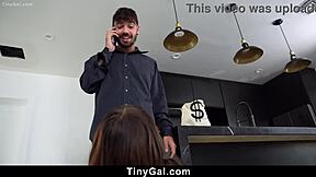 petite brunette thief kneels begging owner with deepthroat blowjob before cops arrive tight pussy ride