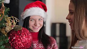 gf's shaved pussy licked hard on christmas for wet orgasm!