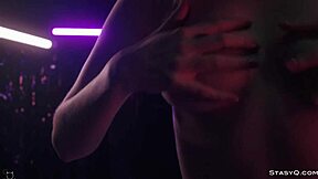 skinny teen angelq strips lingerie on stage teasing shaved panties and heels