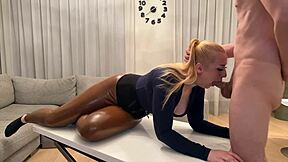 Oily Big Tits Blonde Latex Blowjob With Condom!