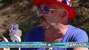 Stepmom and stepdaughter tag team cock at family BBQ, sucking riding hard