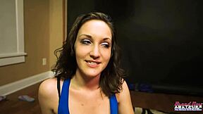 Skinny brunette Ryann sucks strokes dick and swallows hot cum