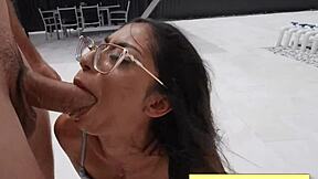 check out sona bella's natural big tits bouncing as she deepthroats jmac's massive cock wet by the pool!