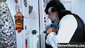 halloween chocolate ebony teen petite small tits pussy gets stockings heels treat