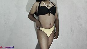 Indian shemale crossdresses in lime bikini for solo ass play