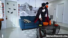 halloween chocolate ebony teen petite small tits pussy gets stockings heels treat