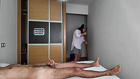 Horny Guest Jerks Huge Cock Watching Curvy Spanish Cleaning Milf Flash Fat Ass Hotel Bedroom