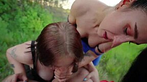 outdoor double blowjob from wet teens ends in cum mouthful surprise