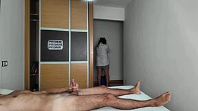 Horny Guest Jerks Huge Cock Watching Curvy Spanish Cleaning Milf Flash Fat Ass Hotel Bedroom