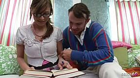 Hey fat cock classmate, deflower this saggy titted nerd beauty during homework?