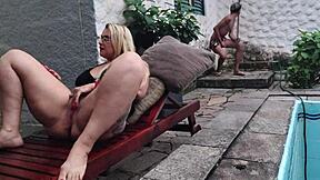 madastra's huge ass seduces stepson while virgin bro spies public pool sex!