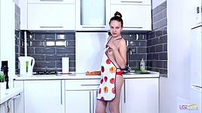 wow chipper teen in red panties masturbates wildly in kitchen!