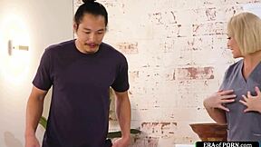 milf masseuse's footjob on asian guy's big cock feels too good...